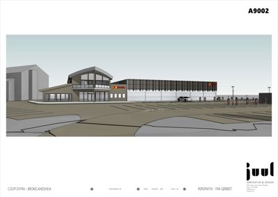 3D-visualisering (rendering) av en planlagt Coop Extra-butikk sett fra sørøst.