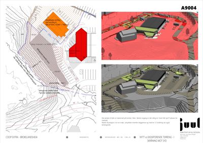 Situasjonsplan med 3D-rendering som viser tomtens terrengform, bygningers plassering og relasjon til omgivelsene.