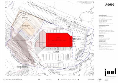 Situasjonsplan som viser tomtens beliggenhet, bygningers plassering (Coop Extra, Coop Park), parkeringsplasser, høydemålinger og arealdata.