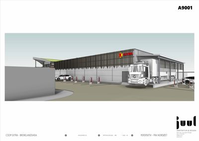 3D-perspektivtegning (rendering) av en nybygg for Coop Extra i Brokelandsheia, sett fra nordøst.