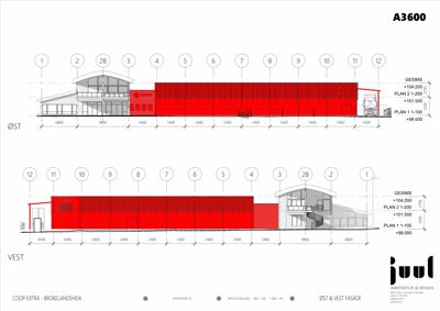 Fasadetegning som viser bygningens utseende sett fra øst (ØST) og vest (VEST), inkludert høydeangivelser og romnummerering.
