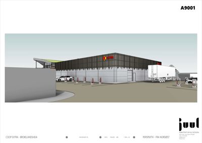 3D-visualisering (rendering) av en planlagt bygning (Coop Extra) sett fra nordøst, inkludert omgivelser som kjøretøy og ladestasjoner.