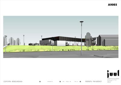 3D-perspektivtegning (rendering) av et byggprosjekt sett fra nordvest.