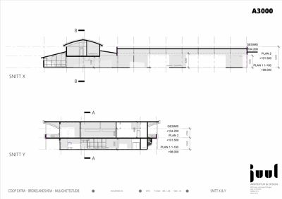 Snittegning (Snitt X og Snitt Y) som viser bygningens tverrsnitt, høyder, takform og romfordeling.
