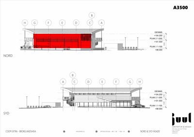 Fasadetegning som viser bygningens utseende sett fra nord og syd, inkludert høyder og detaljer.