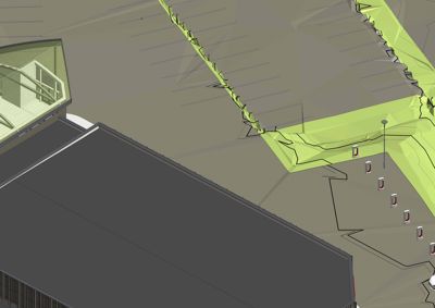 3D-visualisering av en bygning sett fra et vinklet perspektiv, med omgivende terreng og parkeringsplasser.