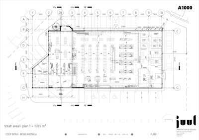 Etasjeplan (PLAN 1) som viser romfordeling, dimensjoner og areal for en COOP EXTRA-butikk.