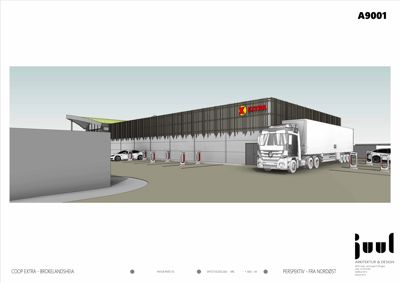 3D-visualisering (rendering) av en planlagt bygning (COOP EXTRA) sett fra nordøst, inkludert kjøretøy og omgivelser.