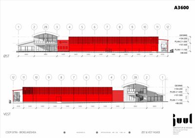 Fasadetegning som viser bygningens utseende sett fra øst (ØST) og vest (VEST), inkludert høyder, dimensjoner og arkitektoniske detaljer.
