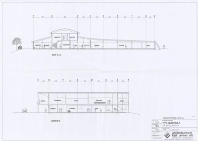 Bildet viser to snittegninger (Snitt A-A og Snitt B-B) av en bygning, som illustrerer innvendig oppbygging, høyder og romfordeling.
