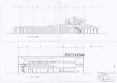 Fasadetegning som viser bygningens utseende fra vest og syd, inkludert vinduer, dører og takform.