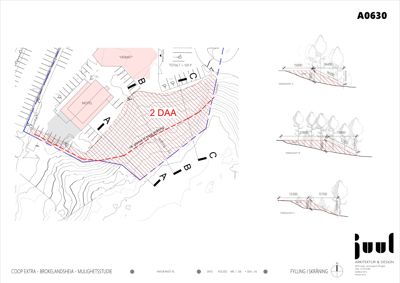 Situasjonsplan som viser tomtens terrengform, fyllingsområder (merket '2 DAA'), eksisterende bygninger (MOTEL, HEMÅT) og grenser.