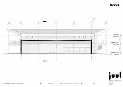 Snittegning (SNITT 3) som viser tverrsnittet av bygningen med høydemål og konstruksjonsdetaljer.
