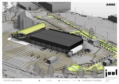 3D-visualisering (rendering) av et byggprosjekt sett fra nordøst, inkludert parkeringsplasser og omgivelsene.