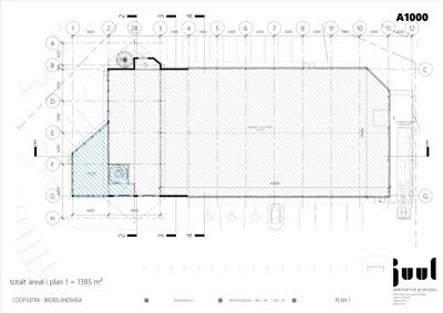 Etasjeplan (Plan 1) som viser romfordeling, dimensjoner og areal for en bygning.