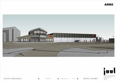 3D-perspektivtegning (rendering) av en planlagt Coop Extra-butikk sett fra sørøst.