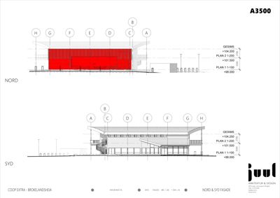 Fasadetegning som viser bygningens utseende sett fra nord og syd, inkludert høydeoppriss (gesims, planhøyder) og arkitektoniske detaljer.