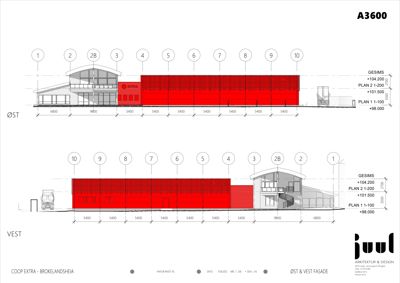 Fasadetegning som viser bygningens utseende sett fra øst og vest, med mål og høyder.