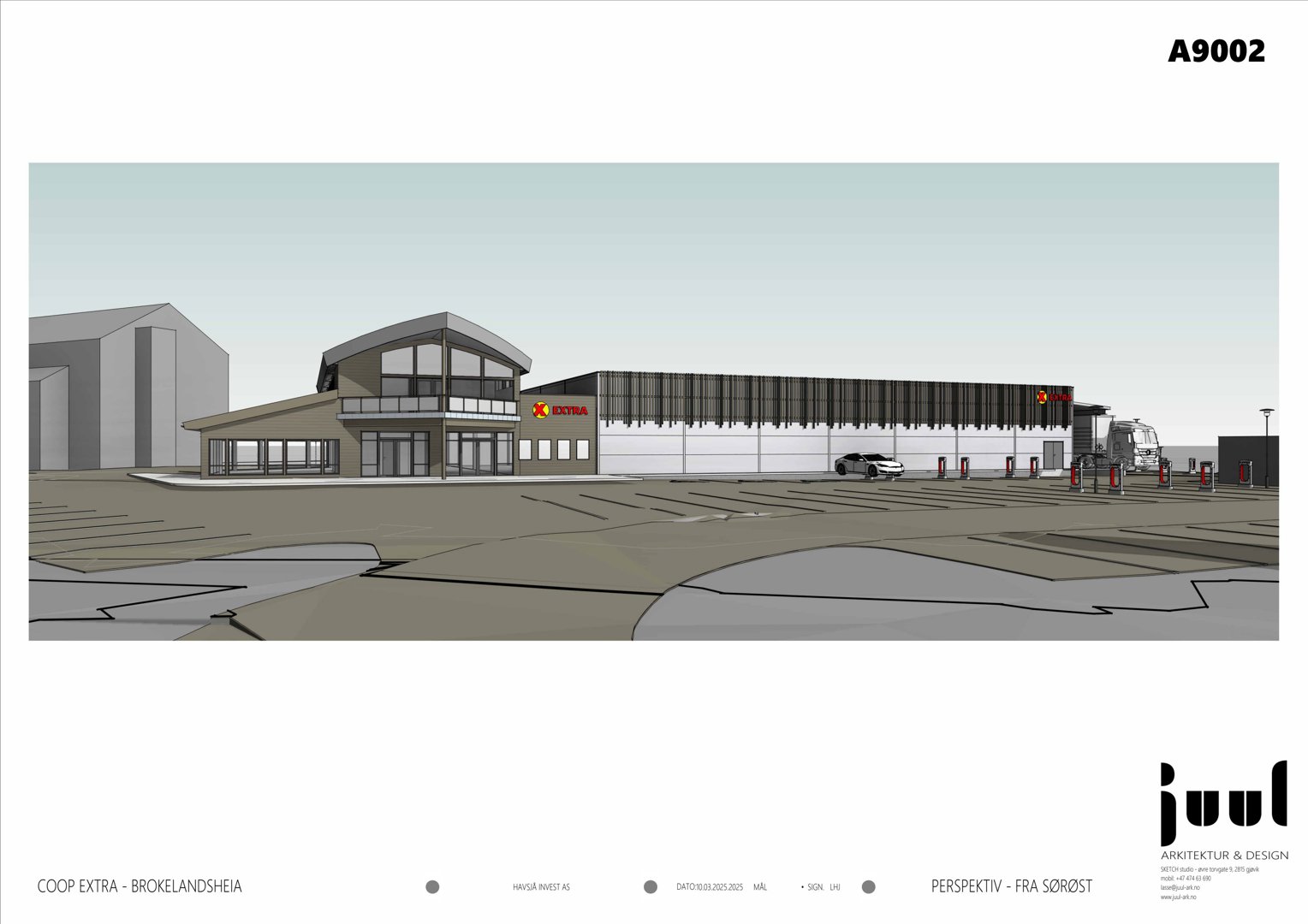 3D-visualisering (perspektiv) av en planlagt Coop Extra-butikk sett fra sørøst.