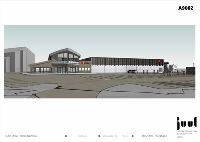 3D-visualisering (perspektiv) av en planlagt Coop Extra-butikk sett fra sørøst.