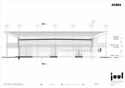 Snittegning (SNITT 4) som viser bygningens tverrsnitt, høyder, etasjer og konstruksjon.