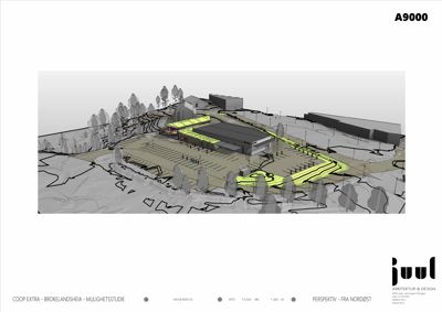 3D-visualisering (rendering) av et forslag til Coop Extra-butikk i Brokelandsheia, sett fra nordøst. Bildet viser bygningens fasade, parkeringsplass og omgivende terreng.