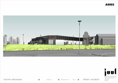 3D-visualisering (rendering) av en planlagt bygning sett fra nordvest.