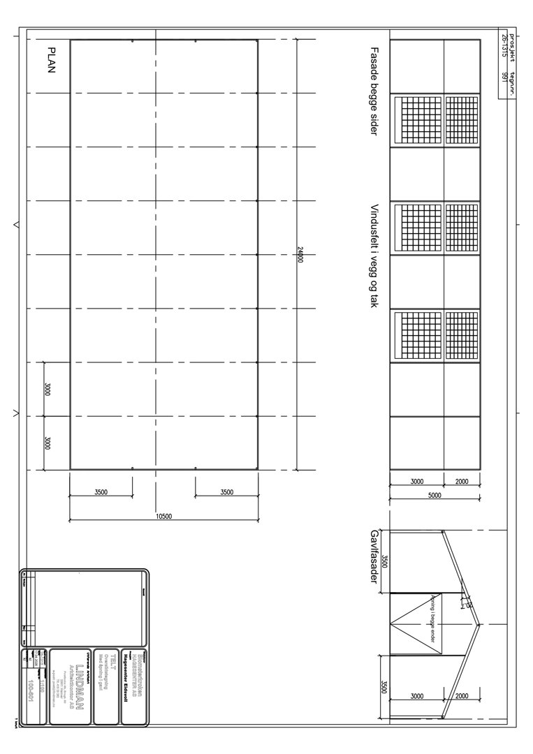 Fasadetegning som viser oppriss av gavelfasaden og vindusfelt i vegg og tak.
