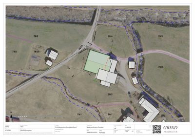 Situasjonsplan (tomtekart) som viser tomtens beliggenhet, nabotomter, veier og eksisterende bygninger.