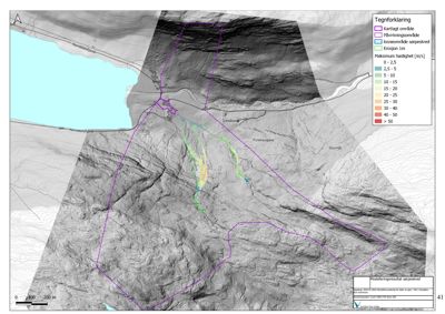 En kartvisning (GIS) som viser et topografisk område med overlagte data om erosjonshastighet og soneområder for sarpekrind.