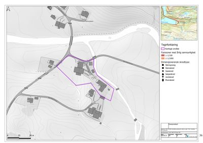 Situasjonsplan som viser tomtens beliggenhet i forhold til omgivelsene, inkludert vei, elv og nabolag, samt fareområder og skredtyper.