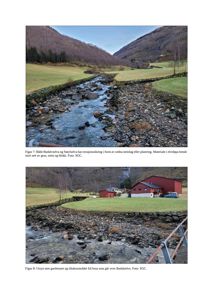 To foton som viser elveløp, erosjonssikring og et utsyn mot et gardsanutt og tilhørende område.