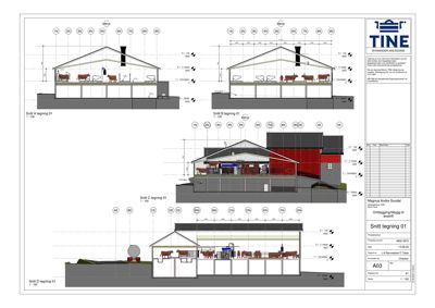 Snittegning av en bygning (trollbunke) som viser innvendig konstruksjon, høyder og romfordeling.