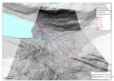 Kart som viser et kartlagt område med overlagte data om jordskred og erosjon, inkludert en tegnforklaring og skala.