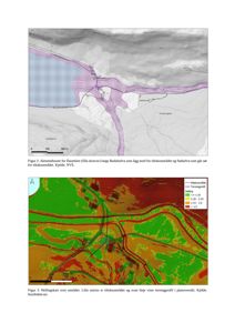 Bildet viser to kart som illustrerer risiko for flom og hellingskart over et område. Kartene inneholder topografi, vannløp og fargekoding for hellingsprosent.