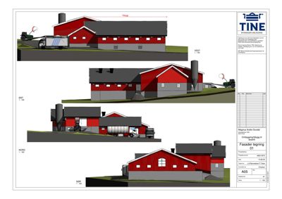 Fasadetegning (opprikk) av en nybyggingsplan for en rød bygning, vist fra fire sider (Vest, Øst, Nord, Sør).