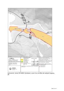 Kartutsnitt (Gårdskart) som viser et område med jordbruksarealer og en markert søkspunkt for bygging.