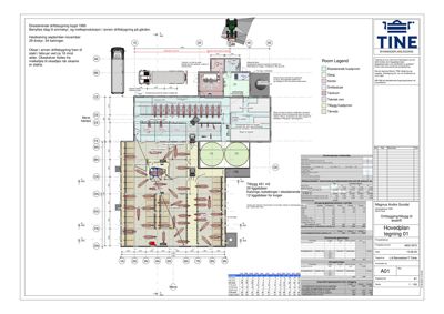 Hovedplan (etasjeplan) for en eksisterende driftsbygning med en planlagt tilbygg. Tegningen viser romfordeling, dimensjoner og tekniske detaljer.