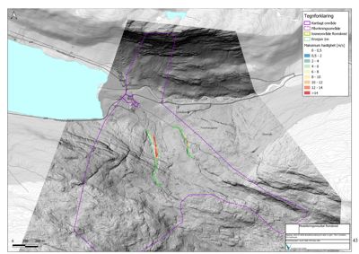 Kart over et område med topografi, vann og bygningsplassering, inkludert en fargekodet oversikt over erosjon og flomskredfare.