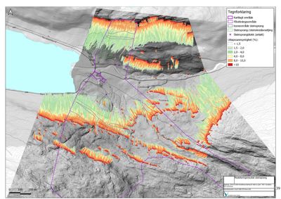 Kart over et område med overlappende data om steinsprang og kartlagt område, inkludert en tegnforklaring.