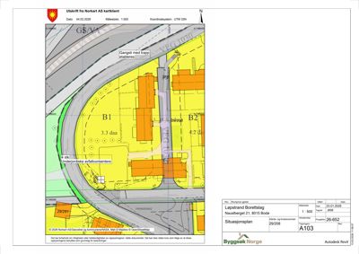 Situasjonsplan som viser tomtens beliggenhet, naboeiendommer, veier og planlagte bygninger.