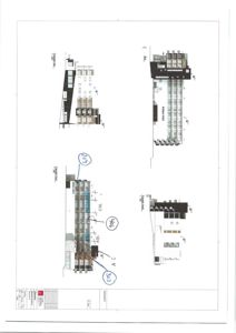 Fasadetegning av en fleretasjes bygning med oppriss fra fire sider (nord, sør, øst, vest).