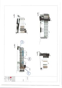 Fasadetegning av en fleretasjes bygning med oppriss fra fire sider (nord, sør, øst, vest).
