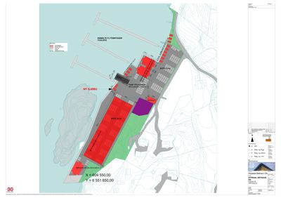 Situasjonsplan som viser tomtens beliggenhet, topografi, eksisterende og planlagte bygninger (kote, flytebrygge, servicebygg) samt arealbruk.