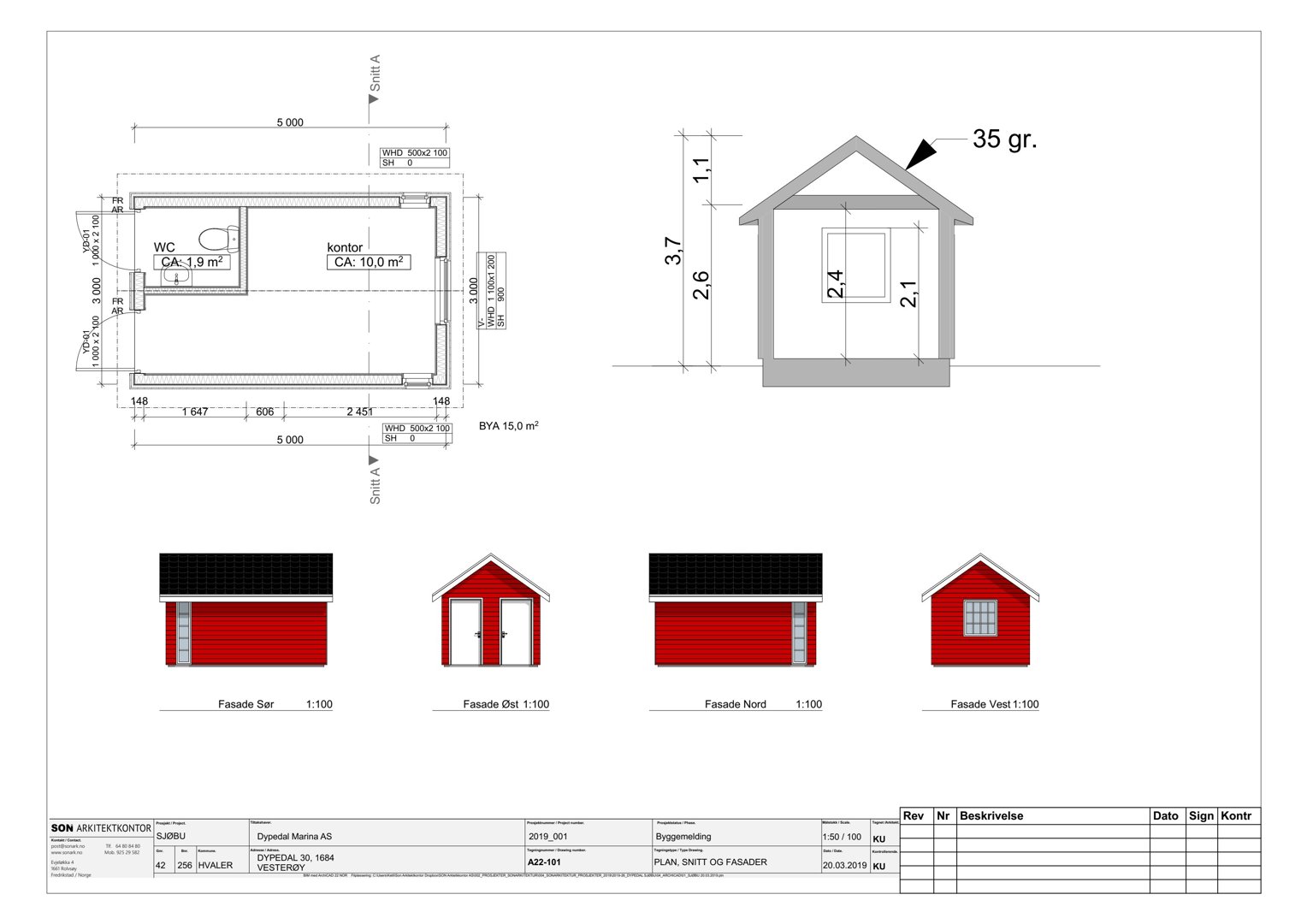Tegning som viser situasjonsplan, etasjeplan og fasadeopprikk for en liten bygning (garasje/avlastningsrom).