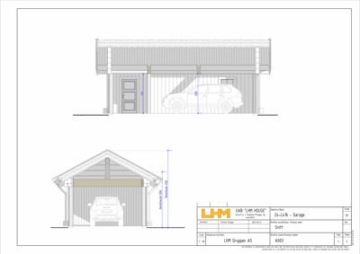 Snittegning av en garasje med oppgitt mål for dører, takhøyde og totalhøyde.