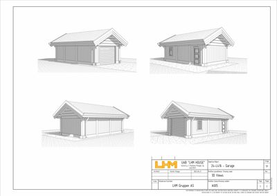 3D-visualisering (rendering) av en garasje sett fra fire ulike vinkler.