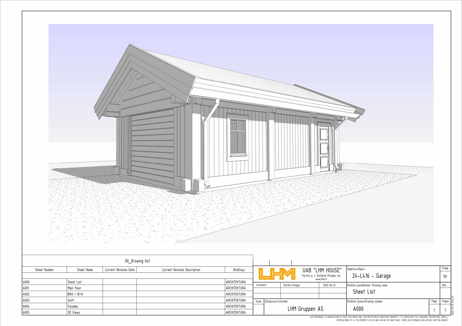 3D-visualisering (rendering) av en garasje sett fra en vinkel som viser fasade og takform.