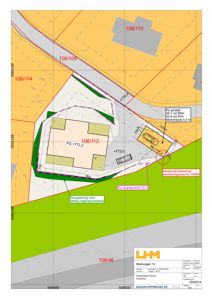 Situasjonsplan som viser eiendomsgranser, naboeiendommer, terrengforhold, vegreguleringer og plassering av ny garasje.