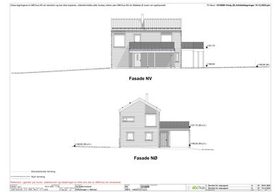 Arkitekttegning som viser fasadeopprikk for en bygning sett fra to sider (NV og NØ), med høydemål og terrengforhold.